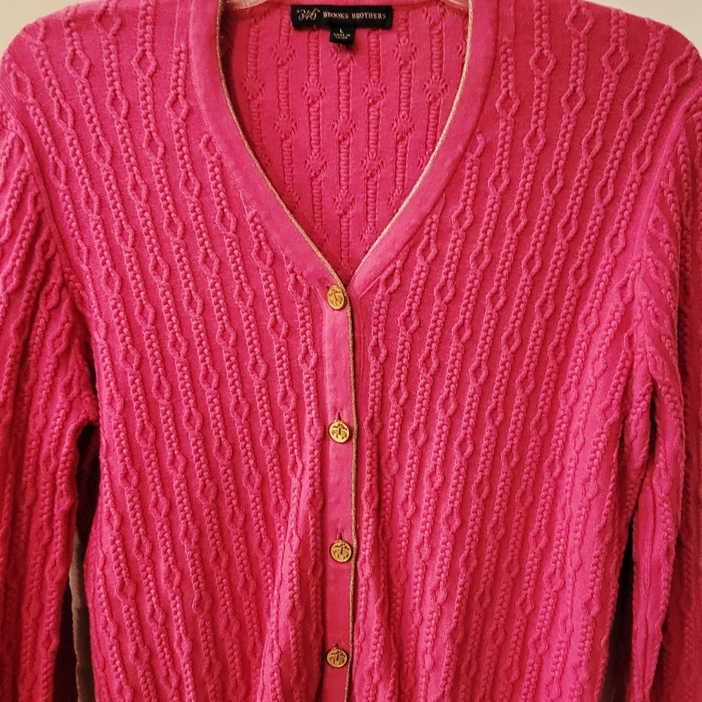 Preppy Brooks Brothers 346 Pink Gold Button Cardigan Large - Picture 10 of 11